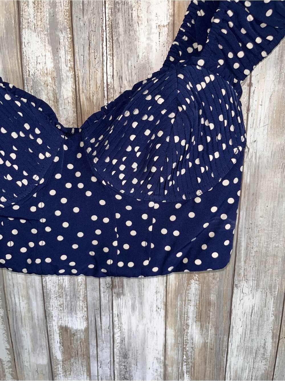 Lulus NWT Navy Polka Dot Pleated Bustier Crop Top Puff Sleeve L - Picture 4 of 6